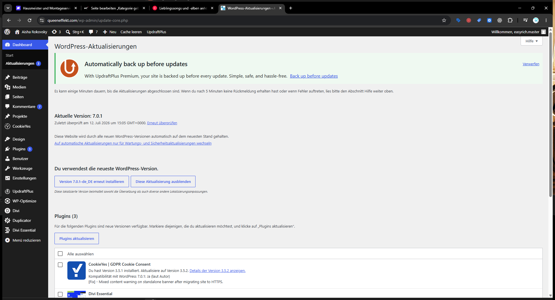 WordPress-Aktualisierungen mit aktueller WordPress-Version und drei verfügbaren Plugin-Updates