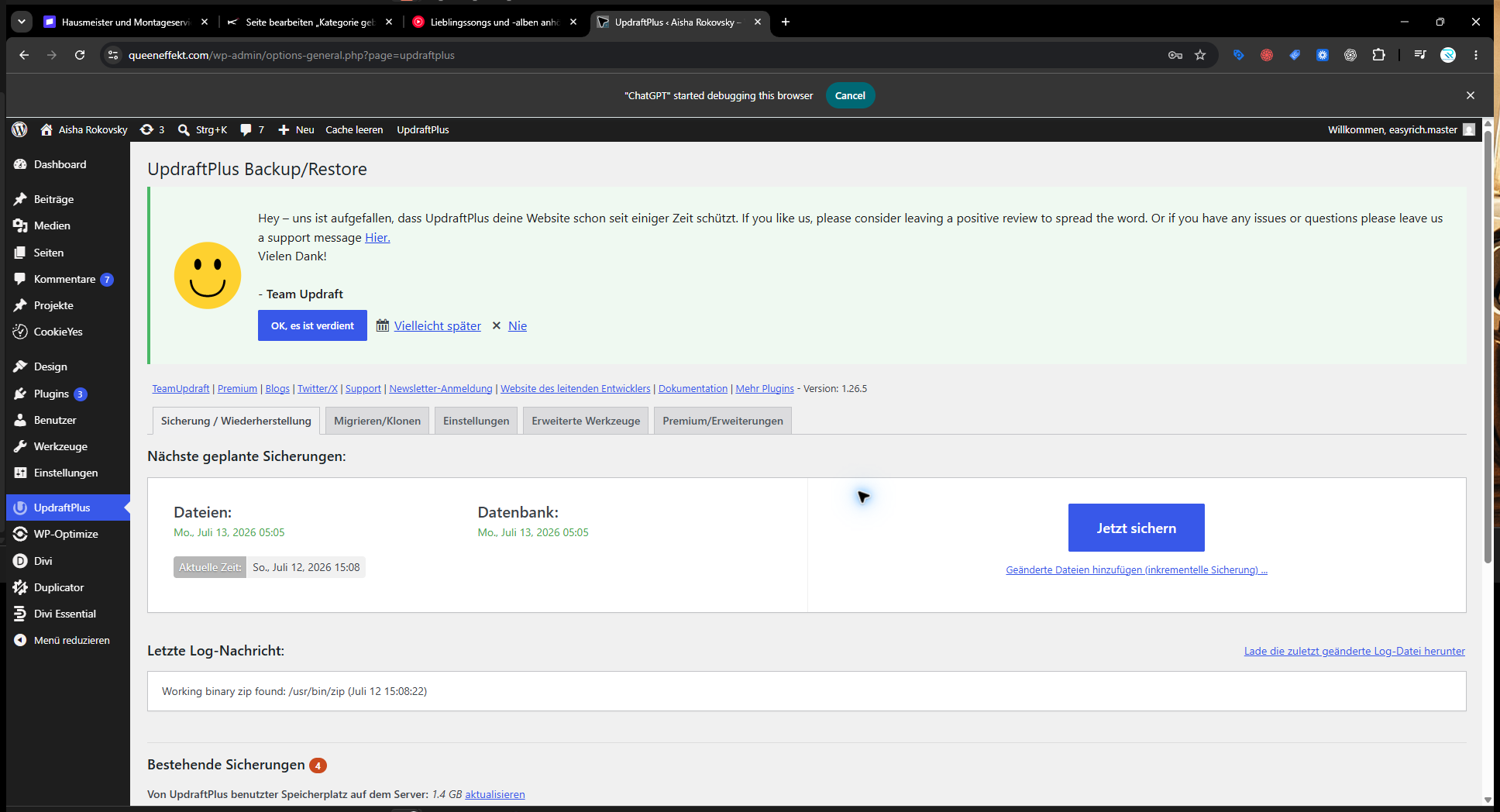 WordPress-Backend mit geöffnetem UpdraftPlus und der Schaltfläche Jetzt sichern