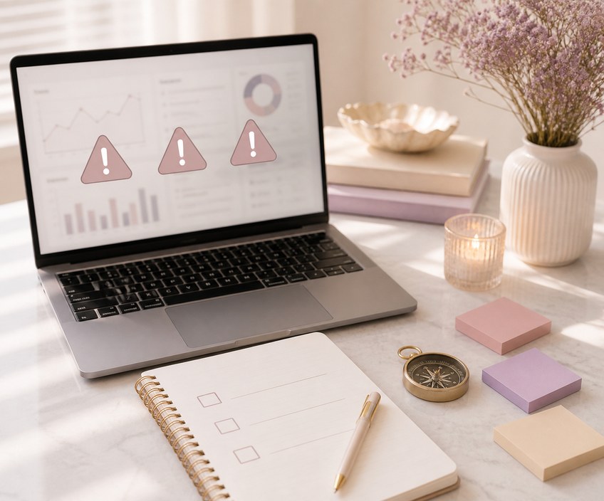 Laptop mit drei Warnhinweisen und Checkliste für typische Online-Business-Fehler