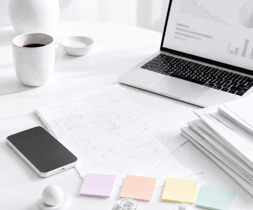 Heller Schreibtisch mit Laptop, Skizzen und Notizzetteln für Online-Business-Planung