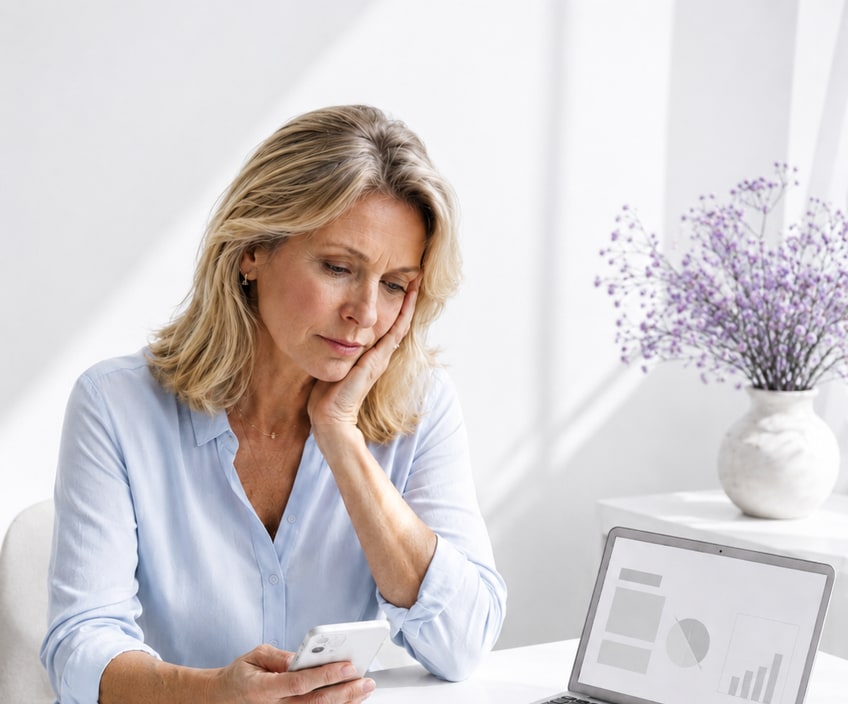 Nachdenkliche Unternehmerin mit Smartphone, Laptop und Unterlagen am hellen Arbeitsplatz