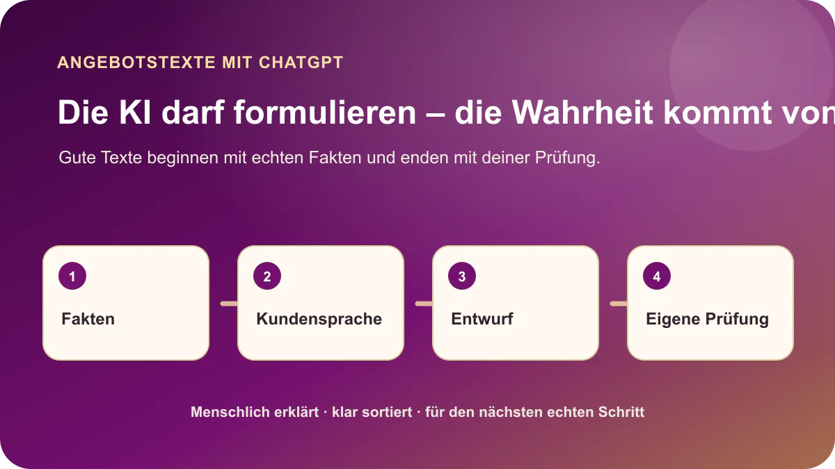 Angebotstexte mit ChatGPT aus echten Fakten, Kundensprache, Entwurf und persönlicher Prüfung