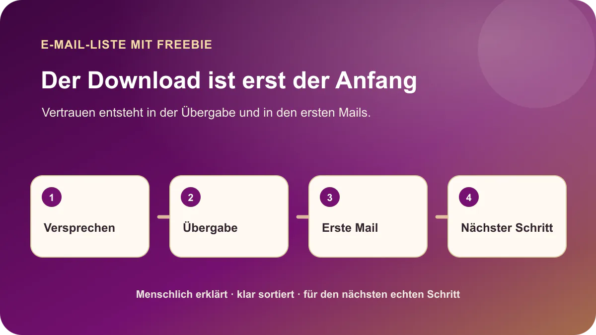 Freebie-Weg zur E-Mail-Liste mit klarem Versprechen, Übergabe, erster Mail und nächstem Schritt