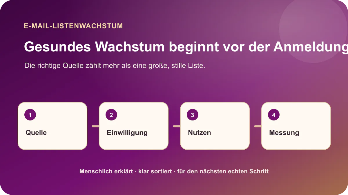 Strategie für E-Mail-Listenwachstum mit Quelle, Einwilligung, Nutzen und sinnvoller Messung
