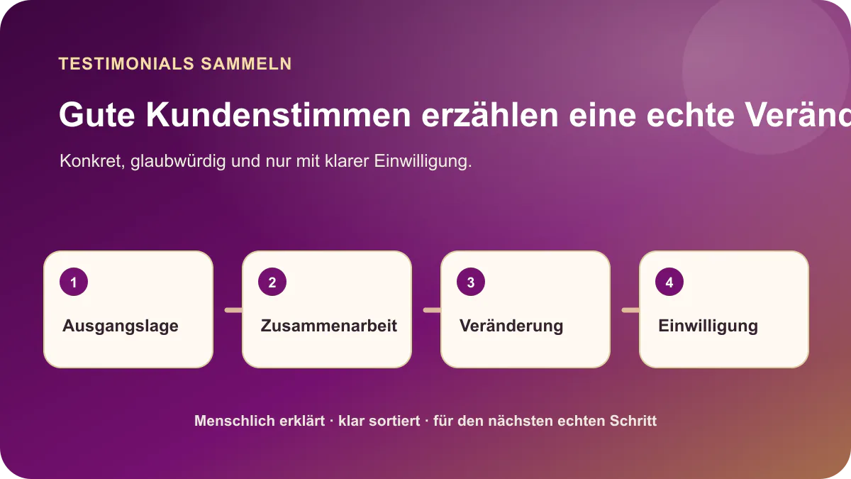 Glaubwürdiges Testimonial mit Ausgangslage, Zusammenarbeit, konkreter Veränderung und Einwilligung
