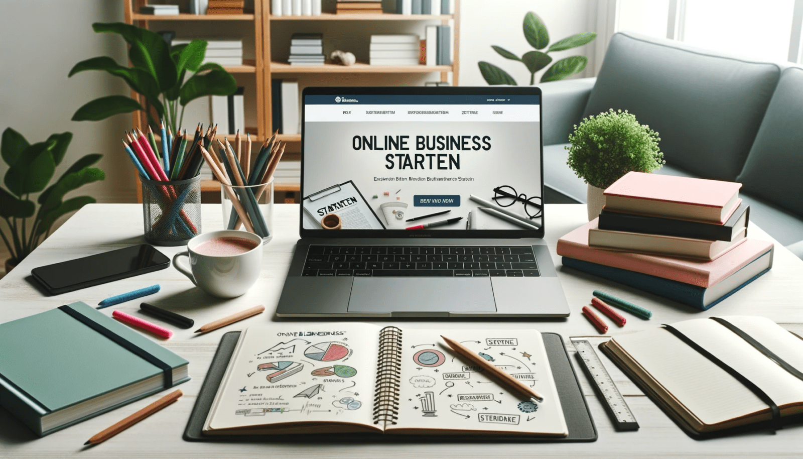 Foto_ Ein heller Arbeitsbereich mit einem modernen Laptop, auf dessen Bildschirm eine Website mit dem Titel 'Online Business Starten' angezeigt wird