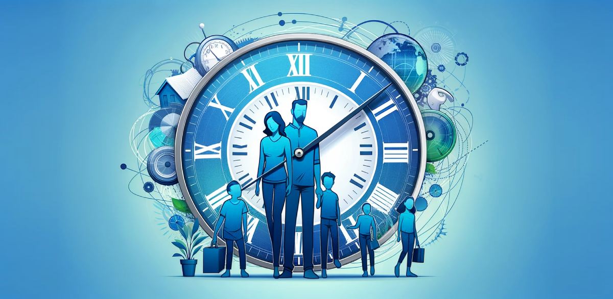 Illustration einer Uhr, die mit Familienbildern verschmilzt, symbolisiert effektives Zeitmanagement und Work-Life-Balance, unterstreicht die Bedeutung von Familienzeit und beruflicher Effizienz.